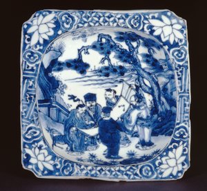 Blauw-witte kosometsuke vierkante schaal beschilderd met Shoulao en andere onsterfelijken, Tianqi, 1621-27 (porselein)