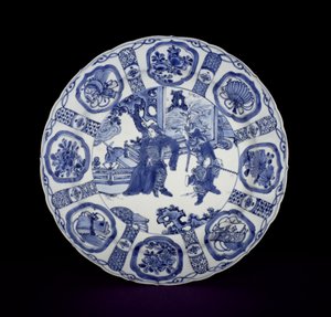 Blauw-witte kraak schaal beschilderd met krijgers, Wanli, 1590-1610 (porselein) door Chinese School