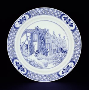 Blauw-witte plaat met de Rotterdamse Rellen (porselein)