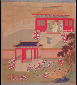 Keizer Chin Wang Ti (r.221-210 v.Chr.) verbrandt alle Chinese boeken en gooit de academici in een diepe kloof, uit een geschiedenis van Chinese keizers in 213 v.Chr. door Chinese School