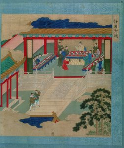 Keizer Hui Tsung (r.1100-26) die deelneemt aan een festival waarbij hij drinkt uit een beker van edelsteen, uit een geschiedenis van Chinese keizers