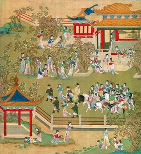 Keizer Yang Ti (581-618) wandelend in zijn tuinen met zijn vrouwen, uit een geschiedenis van Chinese keizers door Chinese School