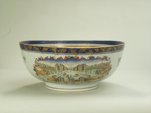 Famille rose punchkom met ovaal bladmotief dat het Foundling Hospital in de jaren 1750 afbeeldt, Qianlong Periode (1736-95) ca. 1790 (keramiek)