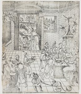 Lazarus in het huis van de rijke man, plaat uit Giulio Alenis Tianzhu jiangsheng zhuxiang jingjie (Een geïllustreerde geschiedenis van de Heer des Hemels die vleesgeworden is)