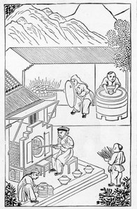 Openen en sluiten van ovens, uit een serie illustraties over de productie van porselein door Chinese School