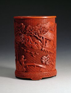 Rode gegoten penseelpot, met de beroemde kalligraaf Wang Hsi-chih (ca. 307-365 AD) zittend in zijn paviljoen, kijkend naar ganzen in een vijver en een jongen die een brug oversteekt, Ching dynastie, Qianlong door Chinese School