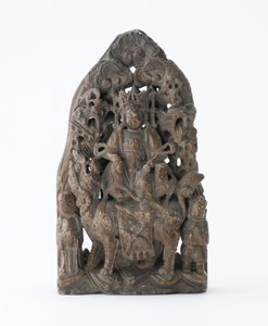 Kleine speksteentablet met opengewerkte reliëf van Manjusri op leeuw, Periode van de Verdeling, 543 AD door Chinese School