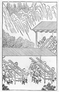 Atelier van schilders in email, uit een serie illustraties over de productie van porselein door Chinese School