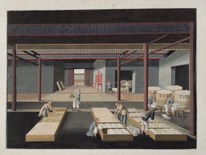 Het Verpakken en Inpakken van Schalen en Borden, plaat 12 in een serie van twaalf die het proces van Chinese porseleinproductie uitbeelden, 19e eeuw