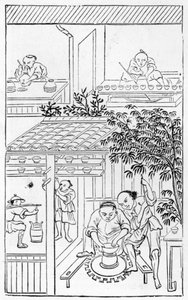 Draaien van kommen, uit een serie illustraties over de productie van porselein door Chinese School