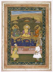 De keizers Akbar, Jahangir en Shah Jahan met hun ministers en prins Dara Shikoh, c.1630-40