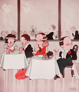 Stadsmuizen en plattelandsmuizen, verfijnde burgers vs ongeraffineerde plattelanders, restaurantscène, tekening door Chloe Preston (1887-1969) uit The Tatler, nr. 1384, januari 4 door Chloe Preston