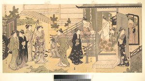 Een vermomde scène uit Het verhaal van Genji (Fūryū Yatsushi Genji), hoofdstuk 33, „Bladeren van blauweregen (Fuji no uraba)” door Chobunsai Eishi