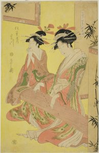 Schoonheden die de Zeven Wijzen Parodiëren - Een Selectie van Jongere Courtisanes (Shichi kenjin yatsushi bijin shinzo zoroe): Miyagawa van de Matsubaya door Chobunsai Eishi