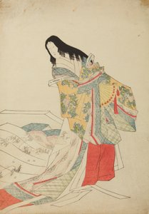 Staande hofdame met waaier, plaat uit het album: Nishiki-zuri onna sanju e-zukushi door Chobunsai Eishi