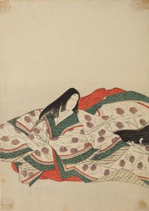 Hofdame in witte kimono met een patroon van eendjes op het water, plaat uit het album: Nishiki-zuri onna sanju rokkasen e-zukushi door Chobunsai Eishi