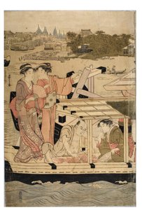 Deel van een horizontale pentaptych van Sumida Rivier scène door Chobunsai Eishi
