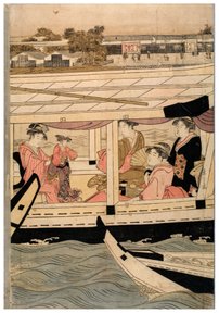 Deel van een horizontale pentaptych van Sumida Rivier scène door Chobunsai Eishi