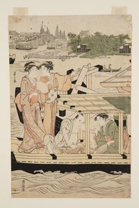 Pleziervaartuigen op de Sumida-rivier onder de Shin-ohashi-brug door Chobunsai Eishi