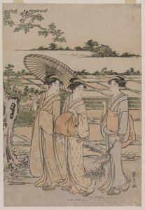 Drie vrouwen wandelen op het platteland door Chobunsai Eishi