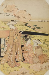 Drie dames bij een draagstoel door Chobunsai Eishi