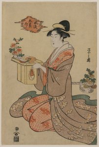Vrouw met een houten bekerstandaard versierd met chrysanten..., midden 1790s door Chobunsai Eishi