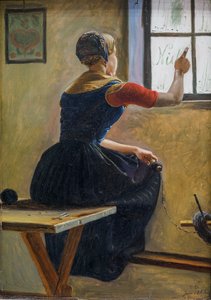 Een jong boerenmeisje uit Jutland schrijft de naam van haar vriendin op een beslagen ruit