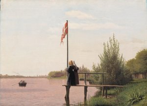 Een uitzicht op het meer Sortedam vanaf Dosseringen richting de buitenwijk Nørrebro buiten Kopenhagen door Christen Købke