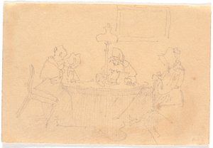 Avondinterieur. Vier dames rond een tafel, naaiend bij lamplicht