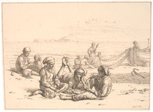 Napolitaanse vissersjongens die kaarten spelen. Verschillende vissers zijn bezig met hun netten. Op de achtergrond is Capri te zien