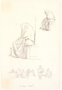 Schetsblad met studies van zittende oude vrouw en biddende figuren door Christen Købke