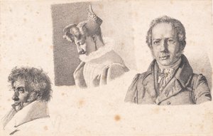 Blad met drie portretten: Bakker Kjøbke, Sophie Krohn en N. Feilberg