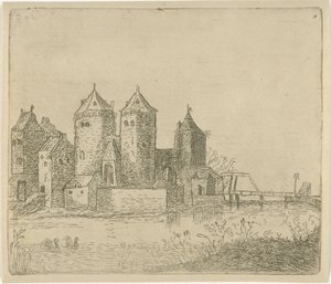 Gezicht op een kasteel met een slotgracht door Christiaan Friedrich Ruppe