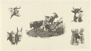 Drie geiten met aan weerzijden koeienkoppen en ezelskoppen door Christiaan Godfried Schutze van Houten