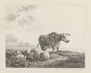 Landschap met een koe en twee schapen door Christiaan Godfried Schutze van Houten