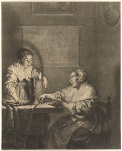 Interieur met dame en dienstmeid bij kaarslicht door Christiaan Josi