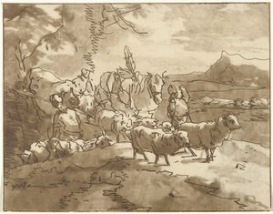 Landschap met herders en vee door Christiaan Josi
