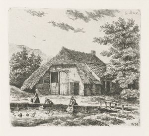 Drie vrouwen doen de was in Beek door Christiaan Wilhelmus Moorrees