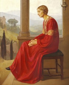 Een vrouw in een rode jurk zittend op een terras in een Italiaans landschap door Christian Bang