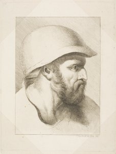 Baardmannelijk hoofd met stalen helm door Christian Frederick Köhlitz