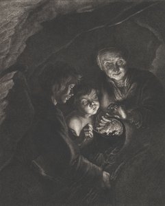 Nachtelijke scène in een grot met een oude vrouw die brandende kolen in een pot houdt, een jongen die blaast door Christian Friedrich Boëtius