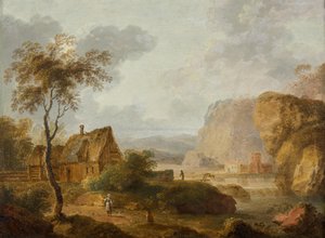 Berglandschap met rivier en boerderij