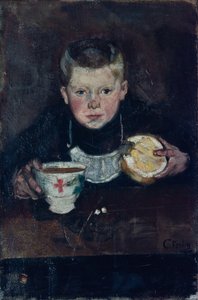 Boodschappenjongen drinkt koffie