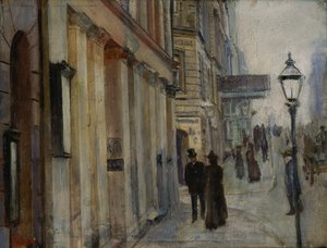 De hoek van Karl Johan straat en Dronningen straat door Christian Krohg