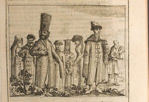 Traditionele kleding van Moskovieten Illustratie uit Reizen naar de Grote Hertog van Moskou en de Kin door Christian Lorenzen Rothgiesser