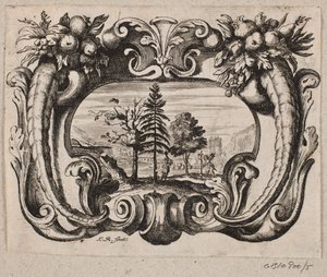 Embleem met een tuinman en een amorin die een boom plant