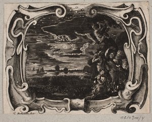 Embleem met saters verzameld bij een boom in de nacht