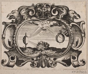 Embleem met zonnestralen door een ring en door een brandglas, zodat er een vuur wordt aangestoken door Christian Rothgiesser