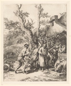 Gelijkenis van de verloren zoon; de verloren zoon vraagt een boer om werk door Christian Wilhelm Ernst Dietrich