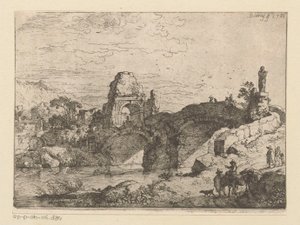 Landschap met de ruïne van een poort naast een vervallen brug door Christian Wilhelm Ernst Dietrich